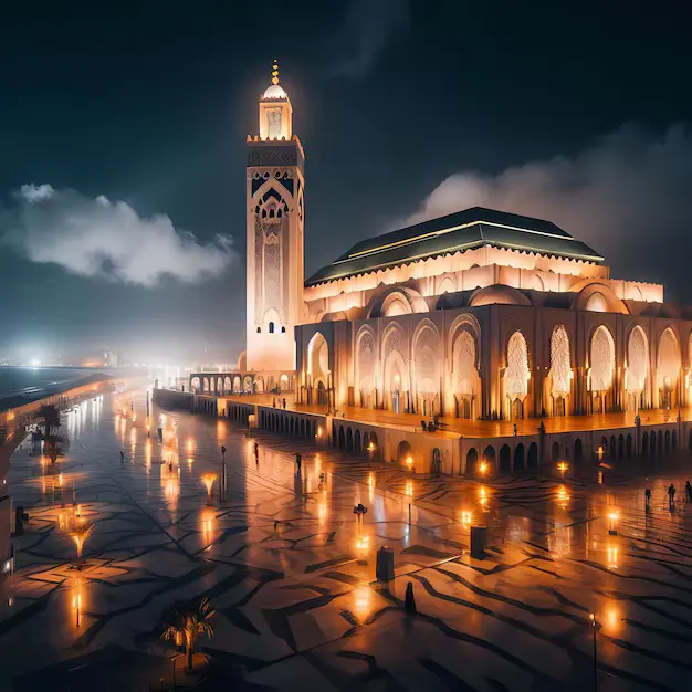night shot hassan ii mosque casablanca morocco
